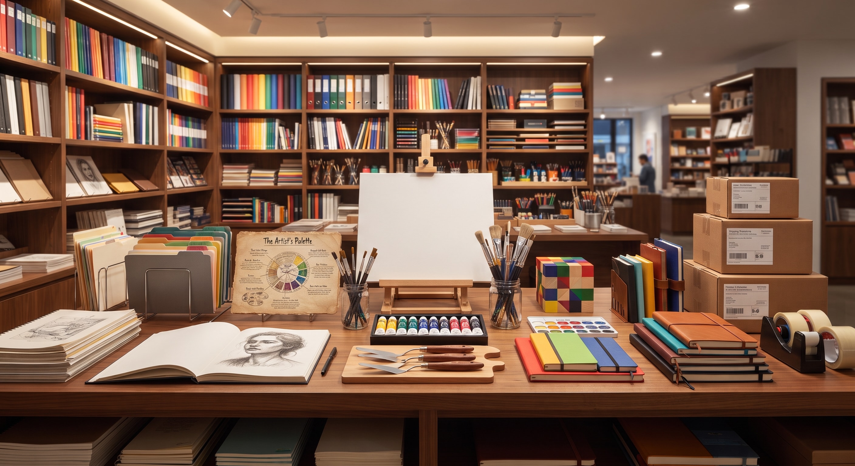 Our shop floor, laid out with art, education and office supplies.