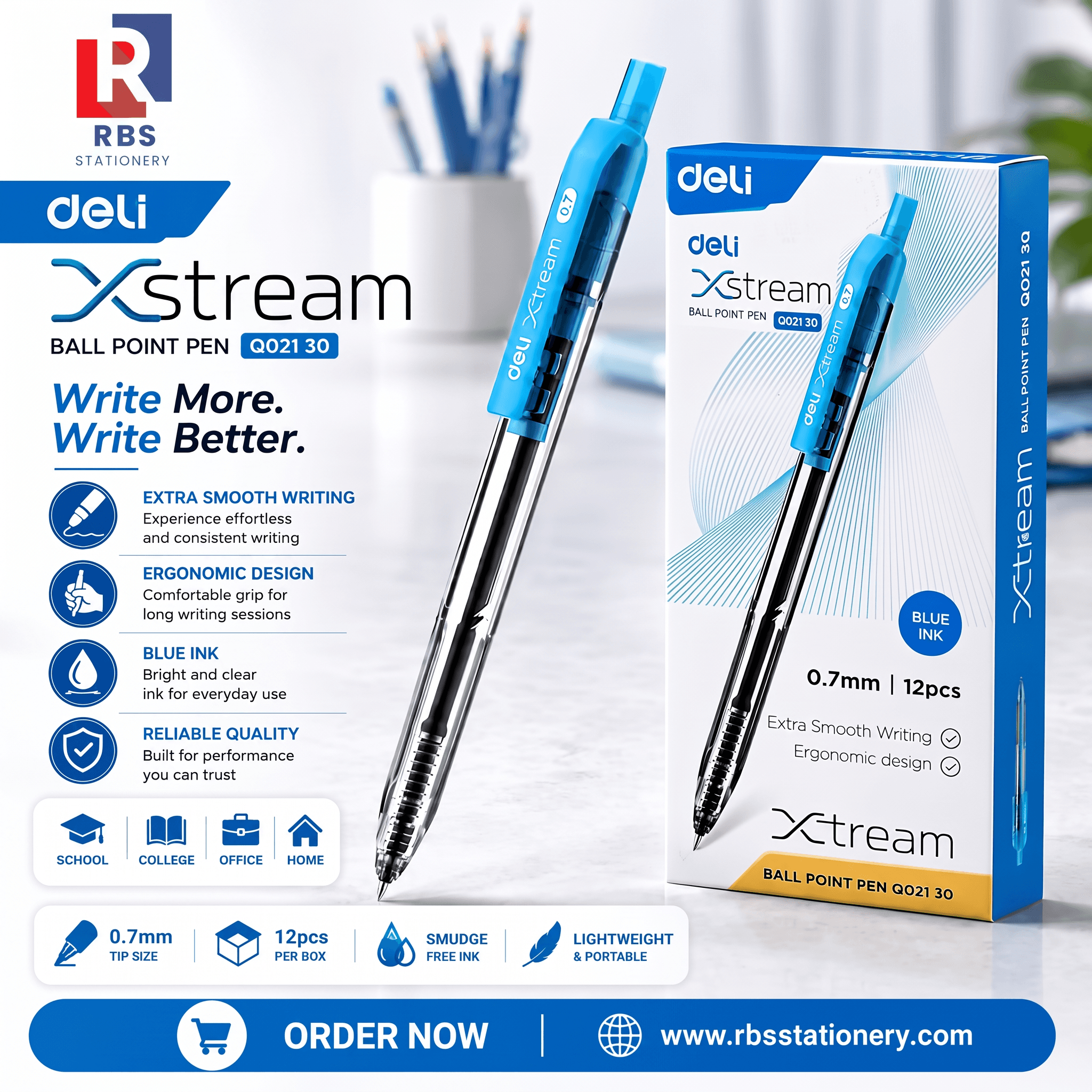 Deli Xstream Ball Point Pen 0.7mm - Pack of 12 (Pcs)